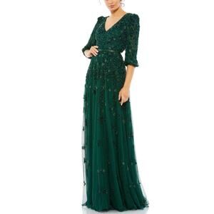 Mac Duggal 5497 Sequined Long Sleeve A-Line Gown Emerald Green Size 10 Dress